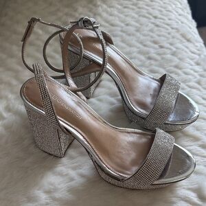 BCBGeneration Silver Rhinestone Block Heel Sandals